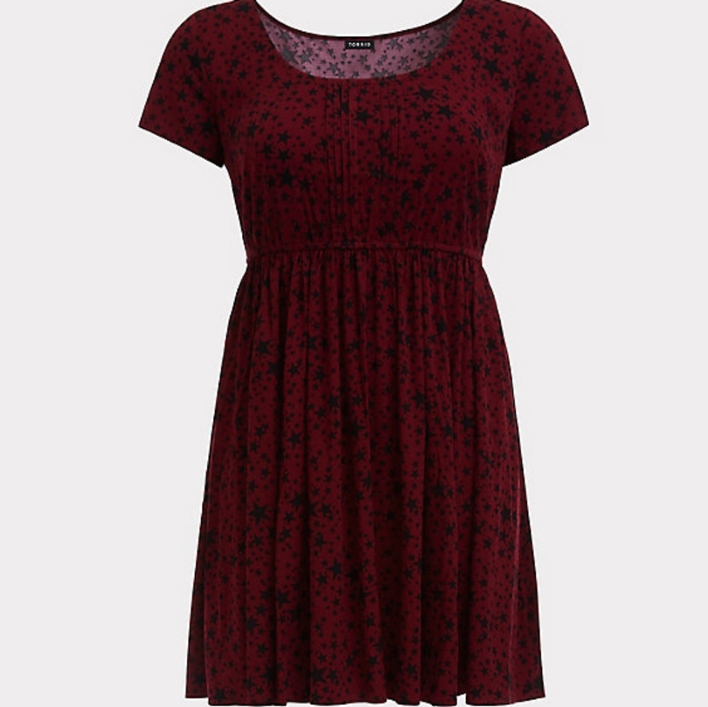 Torrid BURGUNDY STAR PINTUCK CHALLIS SKATER DRESS